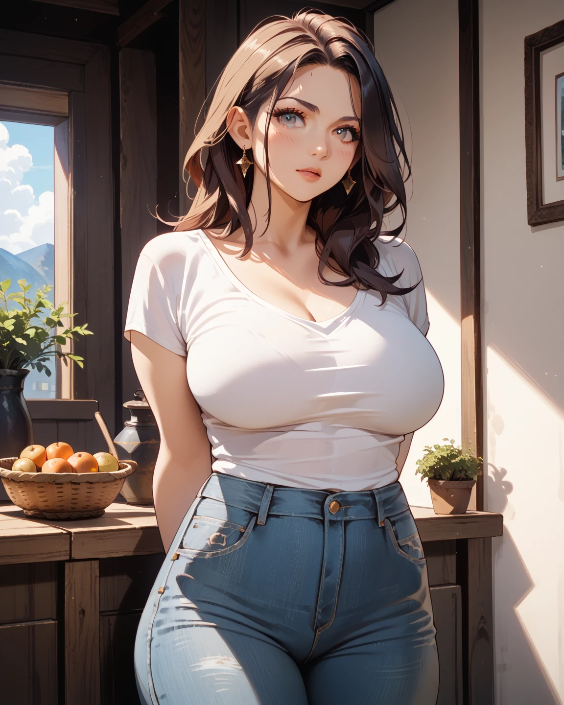perfect anatomy,mature Plain appearance denim pants 1woman,cowboy shot,from front,arms behind back