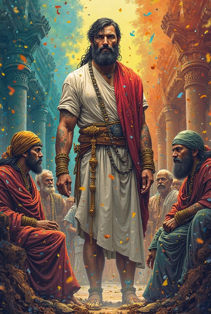 Make a photo base on this Rama, the eldest son of King Dasharatha, was known for his virtuous character and was destined to be the crown prince. In cartoon version rama is adult  and with his father and other people 