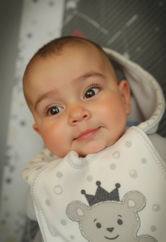 There's a baby who's lying with a hat on, Covinhas, menino bonito, charming expression gesicht, sorrindo docemente, pequeno sorriso largo, retrato bonito, pequeno sorriso, sorrisinho, wearing a cute hat, garoto feliz, testa larga paterna carinhosa, retrato de alta qualidade, sorriso doce, playful grin, sorriso bonito, sorrindo rindo