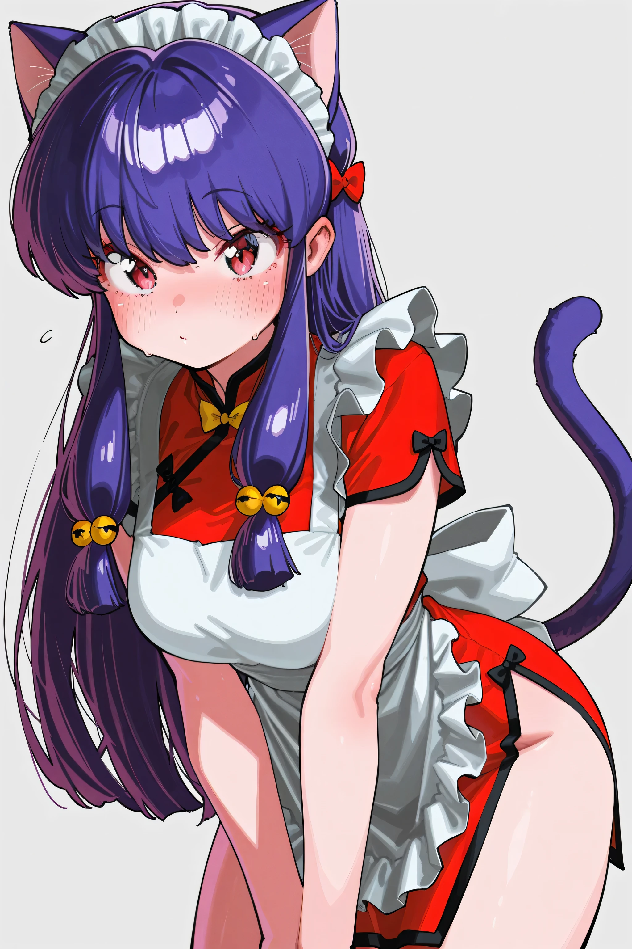 kmj-anonstyle, [artist:yoneyama mai], [artist:kanzarin], [artist: ekrea_jan], masterpiece,best quality,amazing quality, 748cmstyle, solo, eye focus, ranma 1/2, shampoo (ranma 1/2), 1girl, animal ears, apron, blush, bow, cat ears, cat girl, cat tail, china dress, chinese clothes, dress, grey background, hair bow, long hair, maid apron, maid headdress, purple hair, red bow, red dress, sidelocks, simple background, tail, white apron