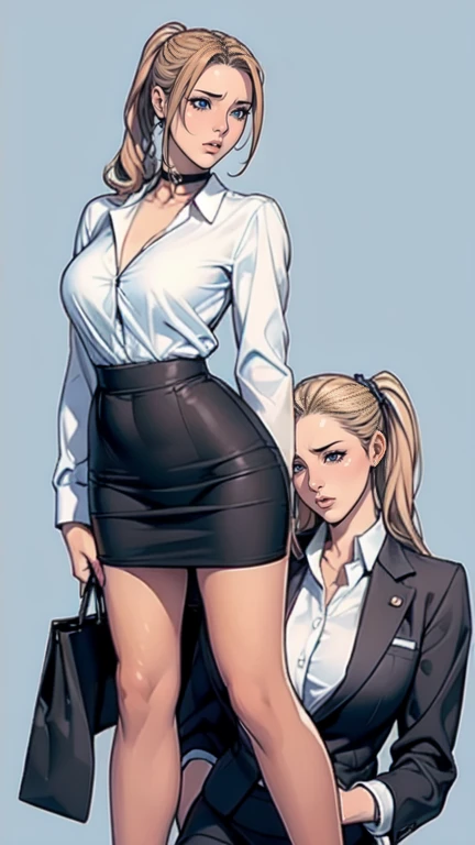 Anime Line Art Jade (with a wiry body and dark, slightly matted hair tied into a loose ponytail and wearing a black crop-top and ripped denim shorts) being forced onto her knees and her head trapped between the thighs of a CEO woman with a taller statuesque figure, long wavy blonde hair, violet colored eyes, red lips, and wearing a business suit with a short skirt exposing her legs as she sits on her CEO office desk and traps Jades head between her thighs by crossing her legs around Jade’s head and leaning back against the desk top while smirking at the viewer deviously (the two people mentioned in this scene need to be shown with Jade kneeling and facing the user while the blonde woman’s bare legs are wrapped around Jade shoulders and chest area while she’s sitting on a desk and grinning devilishly at the viewer)