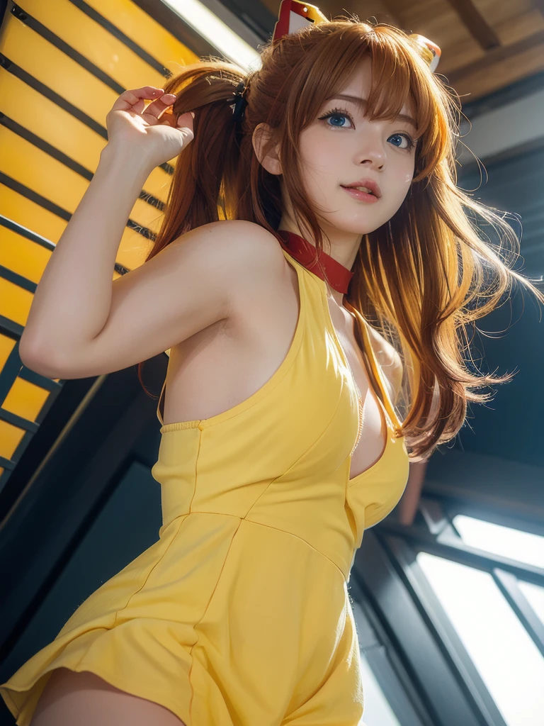 ((best quality)), ((masterpiece)), ((1girl)), solo, Ferry, ((long hair)), FerryBase, ((thighhighs)), bare shoulders, ((jewelry)), ((sleeveless)) orange and black short cheongsam ((gloves)), thigh-high, from below