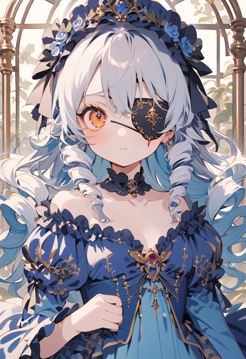 ((hair that is a mixture of gold and blue)),(Curled twin tail hair),((She is wearing a mask like one would wear at a masquerade ball....)),((Mask to cover the eyes)),((Blue, gold, A black dress with lots of frills)),(flare sleeve),((corsets)),((The hem of the dress is long enough to reach the ground.)),(A chaotic worldview mixed with black, Blue, and silvers),(Tartarus),(Hellish world),((abyss)),((Have the hem of the dress、please accept me as a nobleman'Daughter of....)),(Invincible smile),((The hem of the dress sways as if dancing...))