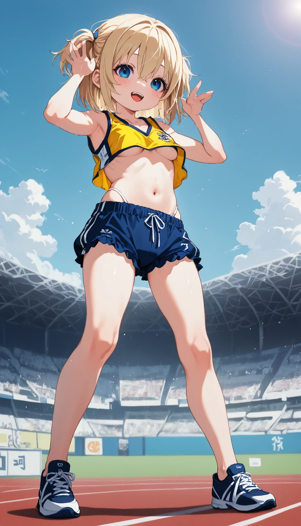 (masterpiece,Highest quality,超A high resolution),One Japanese woman, (((Very beautiful 16 year old girl))), pretty girl、Look at the photographer、 (()), Very cute face, Glossy lips, Double eyelids on both eyes,Natural smile、 Natural Makeup, Long eyelashes, Shiny and smooth hair、, Perfect limbs, Perfect Anatomy,(((Shiny cheer uniforms,Cheerleader,Cheerleader,Tube top))))Stadium,Wet with sweat,(((Tube top)))((((Open Mouth Smile,))))Raise one leg wide