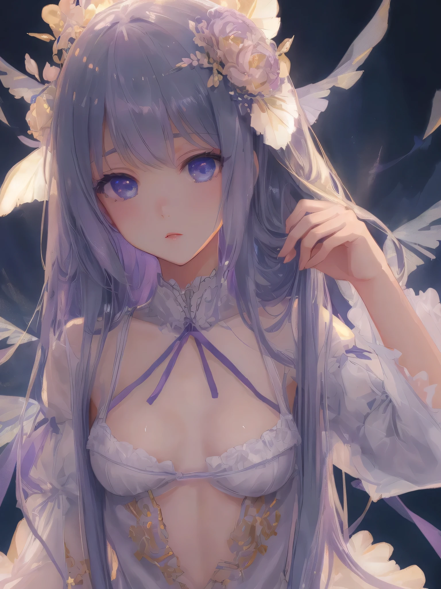 quinella, quinella, absurdly long hair, (purple eyes:1.1), long hair, parted bangs, purple hair, very long hair, hair ornament,medium breast,
BREAK (bra, see-through:1.2),
BREAK looking at viewer, blushing, little smile, tears,indoor, bedroom, standing, dizzy, mid-chest, night atmosphere,upper body, focus, blurry background,
BREAK (masterpiece:1.2), best quality, high resolution,NSW ,unity 8k wallpaper, (illustration:0.8), (beautiful detailed eyes:1.6), extremely detailed face, perfect lighting, extremely detailed CG, (perfect hands, perfect anatomy),