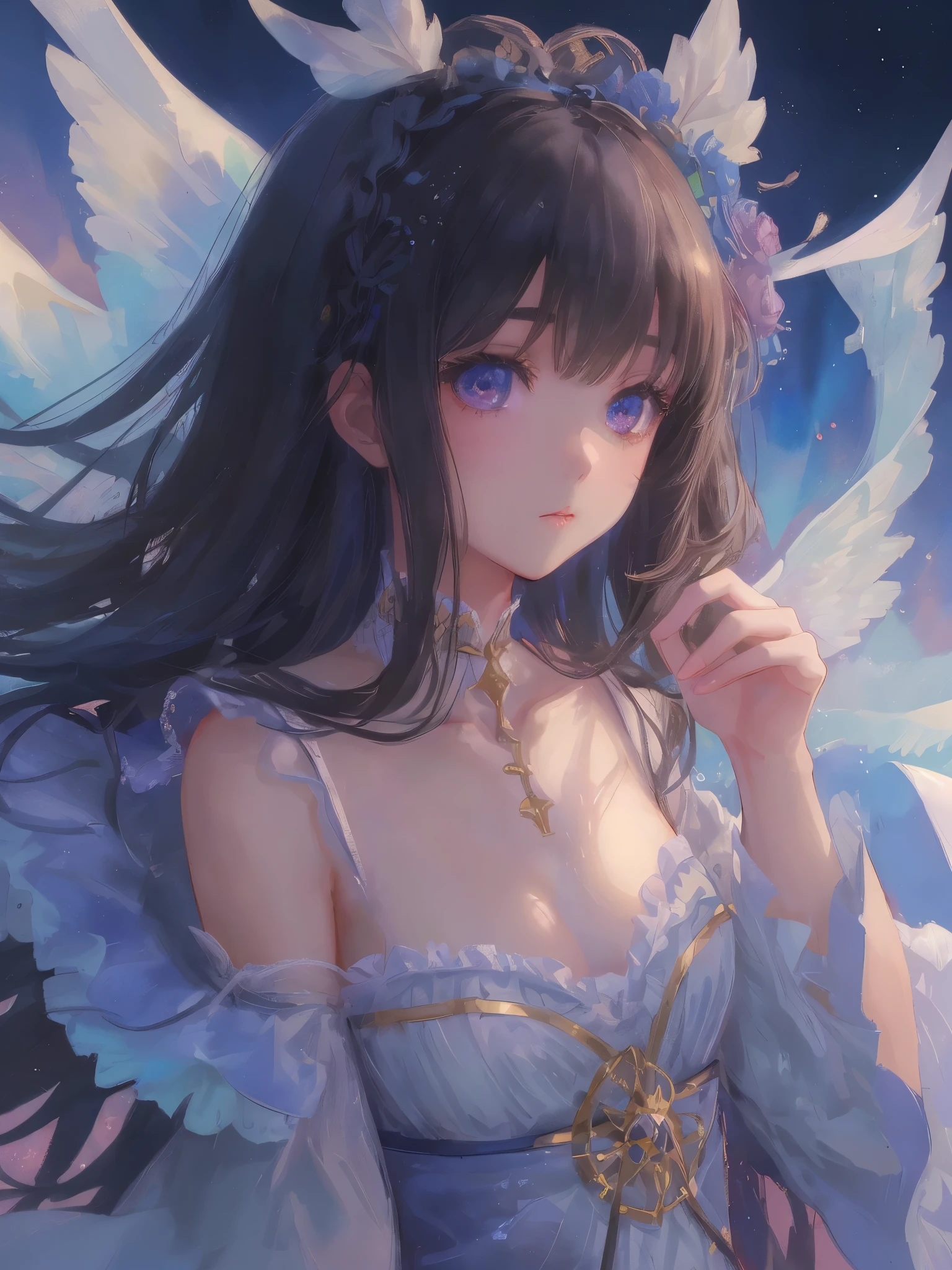 A beautiful adult girl, kawaii style, brown long hair with bangs, piercing blue eyes, butterflies flying around her, delicate detailed face, elegant expression, colorful fantasy landscape background, soft lighting, pastel colors, vibrant, dreamlike, highly detailed, photorealistic, 8K, masterpiece