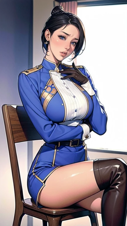 ((masterpiece)),(((best quality))),((character design sheet)), ((full body view)) mature face, defined cheekbones, high cheekbones, Same role,Girl with short pixiecut hair style, (pixiecut:1.4), (blonde hair), White Skin, Slim, beatiful face, blue eyes, (flat breasts:1.4), (wide hips), (((wearing blue victorian military jacket:1.4))), (intricate details:1.1), (white boots:1.3), (tight pants:1.1), (white pants:1.2), (wide ass:1.0), illustration, girl, muscular, ((detailed face:1.4)) beautiful woman, shiny skin, scribbles and marks,(puffy lips:1.4) , rough sketches, 8k,16k, (simple background, white background: 1.3)
