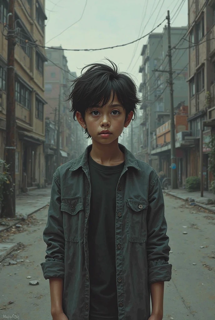 A boy, dark wind, downcast, destitute, on the street, beggar