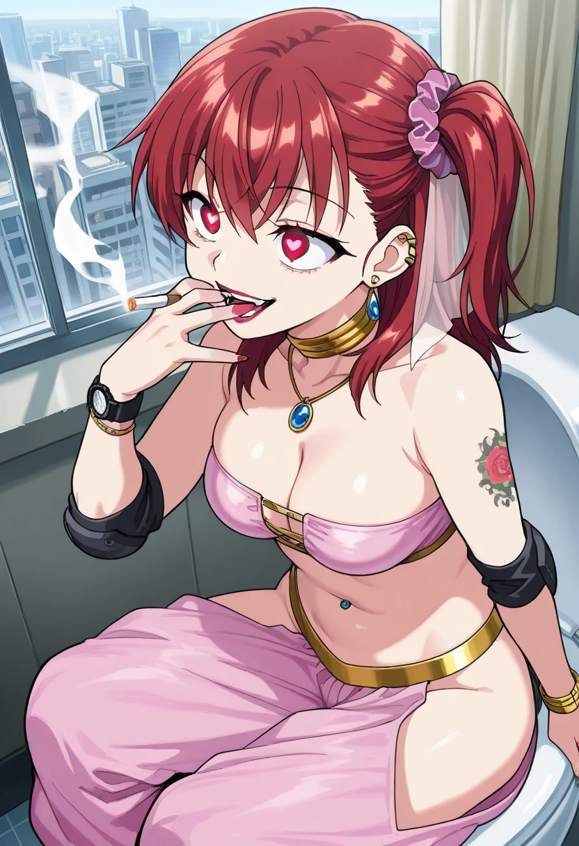 Master piece, best quality, anime 1990s \(style\, naked, lying, bed, condom in mouth. Touching hair, sexy, provocative. Full body, surprised, cum over her.
