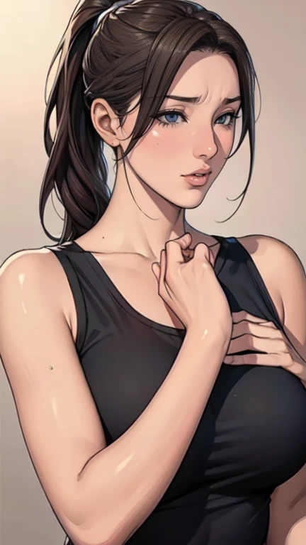 {8k image},  with intense rain，， 22-year-old russian girl，Raised sexy，drenched all over the body，clothes see-through:1.2,, E cup，Wet hair，The chest is huge, woman brown wavy hair and a ponytail. torn clothes. (pink summer tank top), damaged clothes, Cleavage, big breasts, exposed.  {looking directly at the viewer}, {facing forward}, {perfect ???????}, {image focused only on the face}, {face portrait}, grey background, 