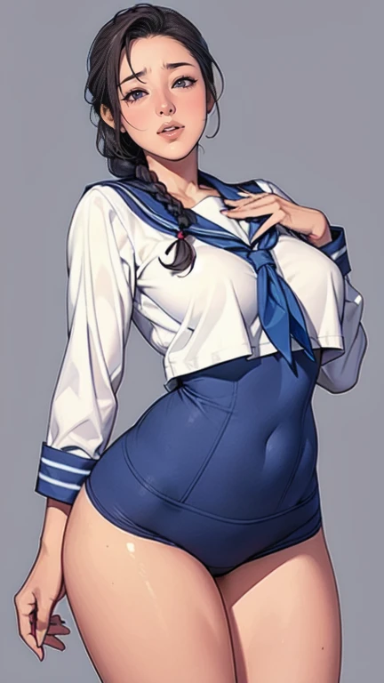 Full body image of the daughter from Haha Musume Donburi Oppai Tokumori Bonyuu Shiru Dakude, full body in image, wearing her original outfit (school uniform or casual clothing), long black hair, female body, slender and youthful body, dynamic pose, detailed pose, simple background, expressive face showing a happy smile, focus on face, line art, sketch