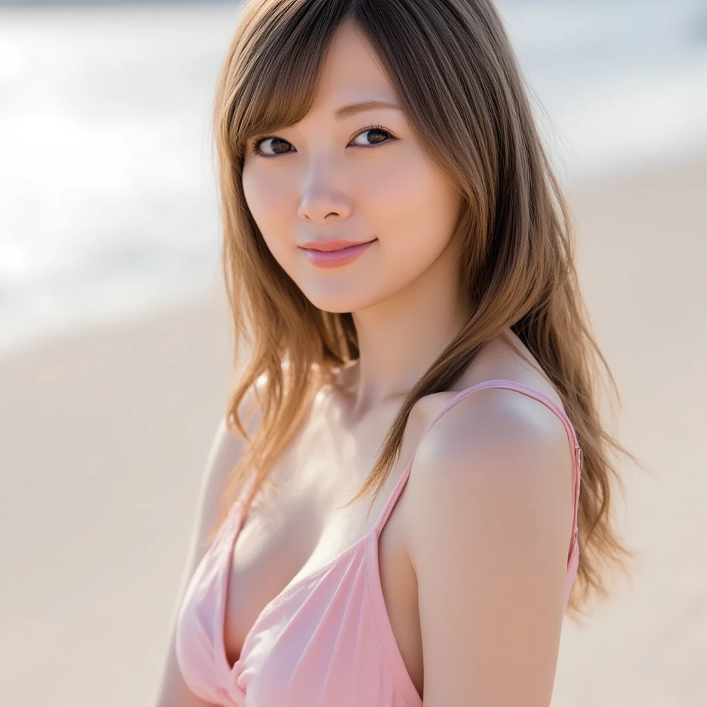 masterpiece, best quality, ultra quality, high quality, realistic, photo realistic,,natural lighting,(cinematic lighting:1.4),RAW photo, hyper detailed, intricate detailed, perfect anatomy, Fujifilm XT3,1girl,Japanese,(slender abs:1.3),large hip,(camel toe:1.2),(Blonde semi-long straight hair over one eye:1.2), (leaning forward:1.4),from front,(smile),(blushing:1.3),teary eyes,standing,beach,outdoor,(mideum shot), BREAK (wearing floral pattern sundress), BREAK (downblouse:1.5),(nipples slip:1.5),(cleavage:1.1),(breast focus), (looking at the floor, looking to the side, looking at another:1.4),(glasses),(pale color large Areola),