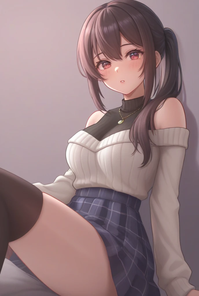 Cute young woman, white shirt, black jacket, red plaid skirt, black stockings, choker, a little bigger than small breasts, freckles on breasts, long straight brown hair, freckles, fang, Red eyes, happy horny face, tilted her head, in bedroom, blush.