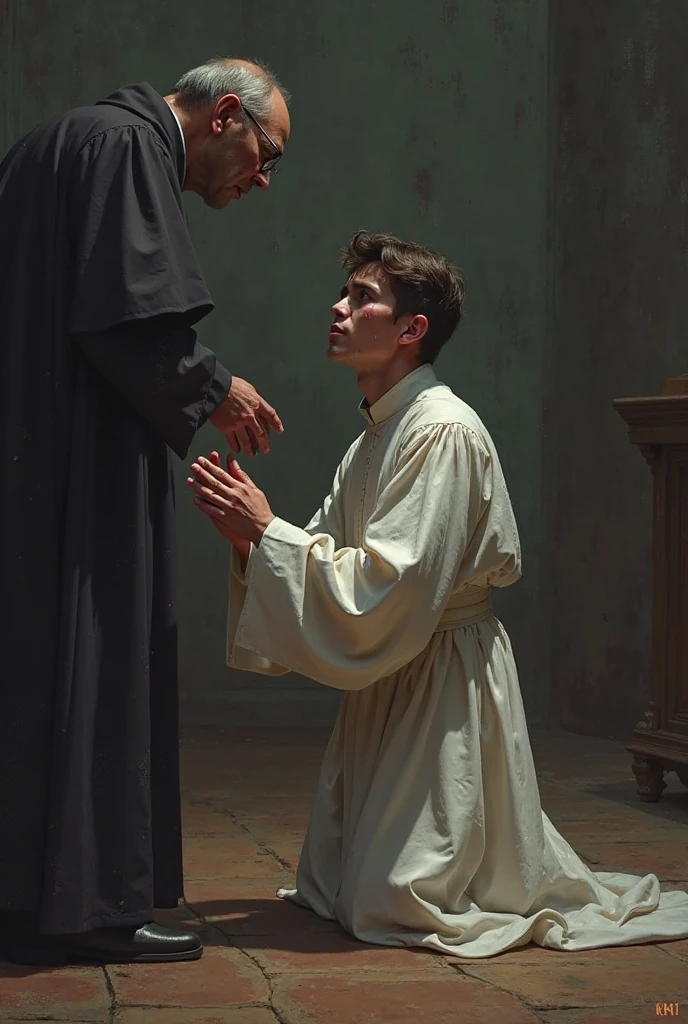 A priest caressing his sad son
