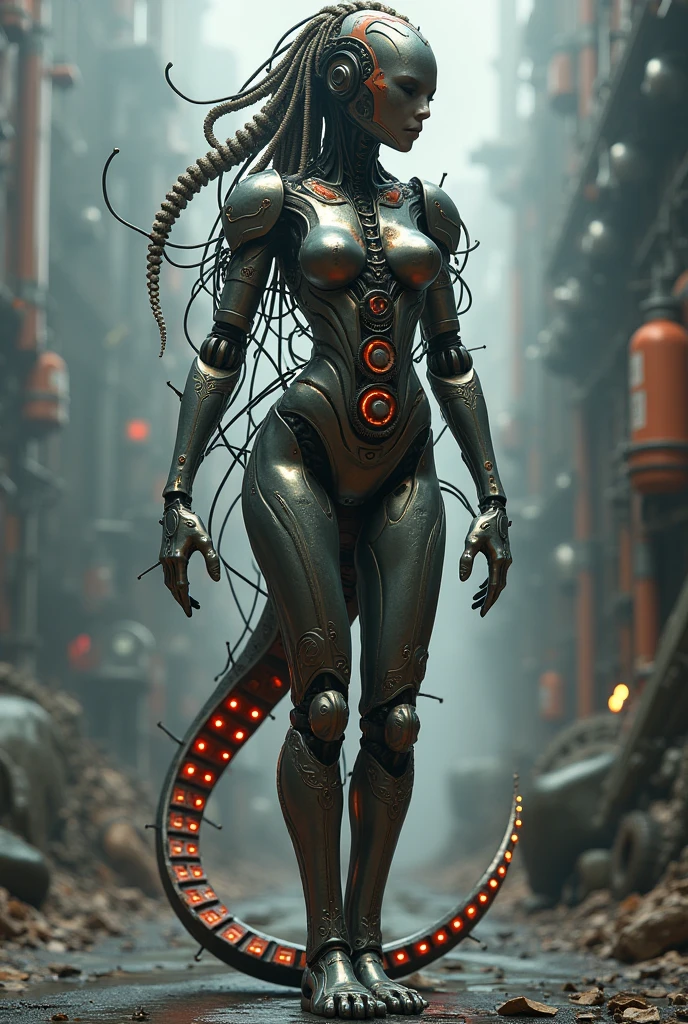 ((beautiful biopunk girl)), dark gray skin, cone helmet, green glowing eyes, many arms, glossy skin, open belly, (hands behind head), short clothes, sharp clothing, dark gray tentacles, gloomy cold lighting, grey desert, grey wasteland, lots of grey sand, (scorn videogame style), horror atmosphere, (presence of something terrible), highly detailed biopunk background, background by Hans Giger, perfect anatomy, ((gloomy biopunk atmosphere))