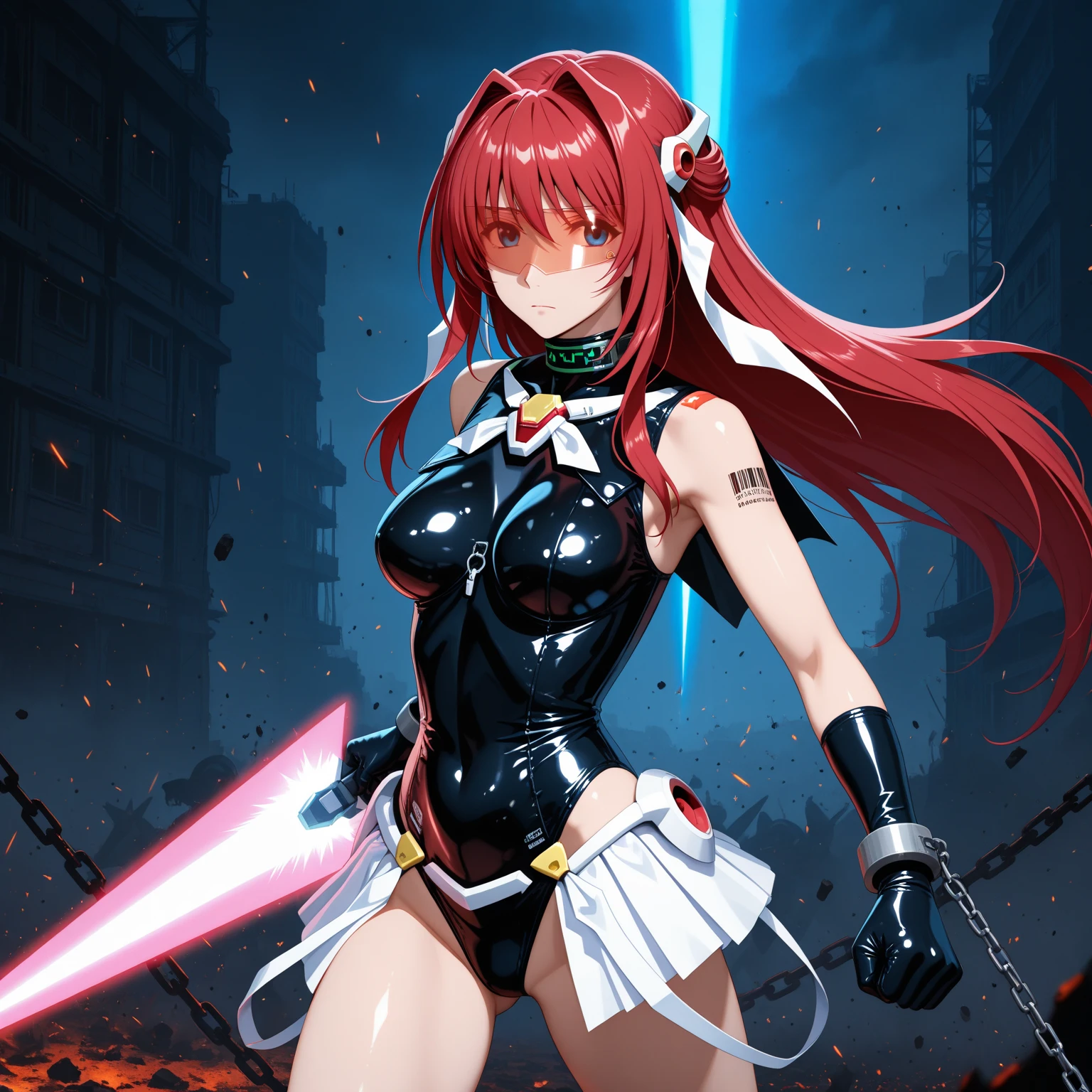 masterpiece, highest quality, (solo focus), (perfect face:1.1), (high detail:1.1),dramatic, 1girl, (pale skin), white eyes, solo, long black and red hair, medium breasts, white luxury suit, shorts and thigh high boots, covered navel, covered cinematic lighting,  black background and white explosion, white aura, lightsaber, upper view, fighting stance