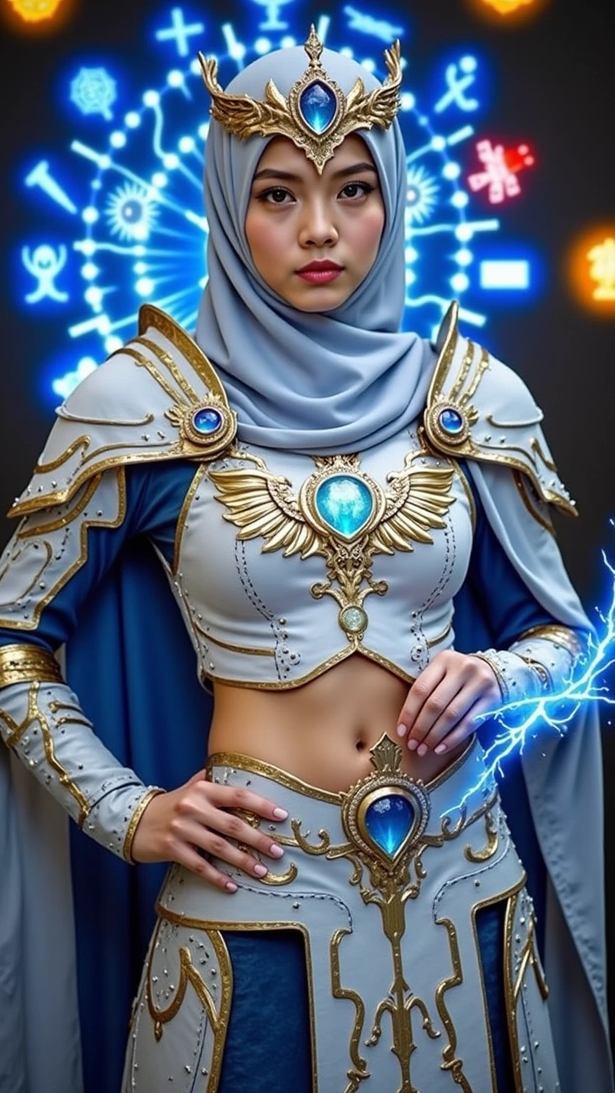 Realistic photography of An indonesian beautiful young slender woman, fair skin, round face, wearing white blue gold cosplaying ornate armor crop top with intricate engravings and a hijab with feminime crown, detailed beautiful perfect abs muscular, detail abs sixpack, detail stomach muscular, cute navel glowing and shining, long large armor skirt, wearing armored warrior helmet. She has a serious, determined expression. A glowing magical symbol is embedded in the center of her chest plate, and she wield a sword crackling with blue energy.
Surrounding her is a glowing circular array of floating magical symbols, glowing in different colors (blue and orange), suggesting elemental or arcane powers.