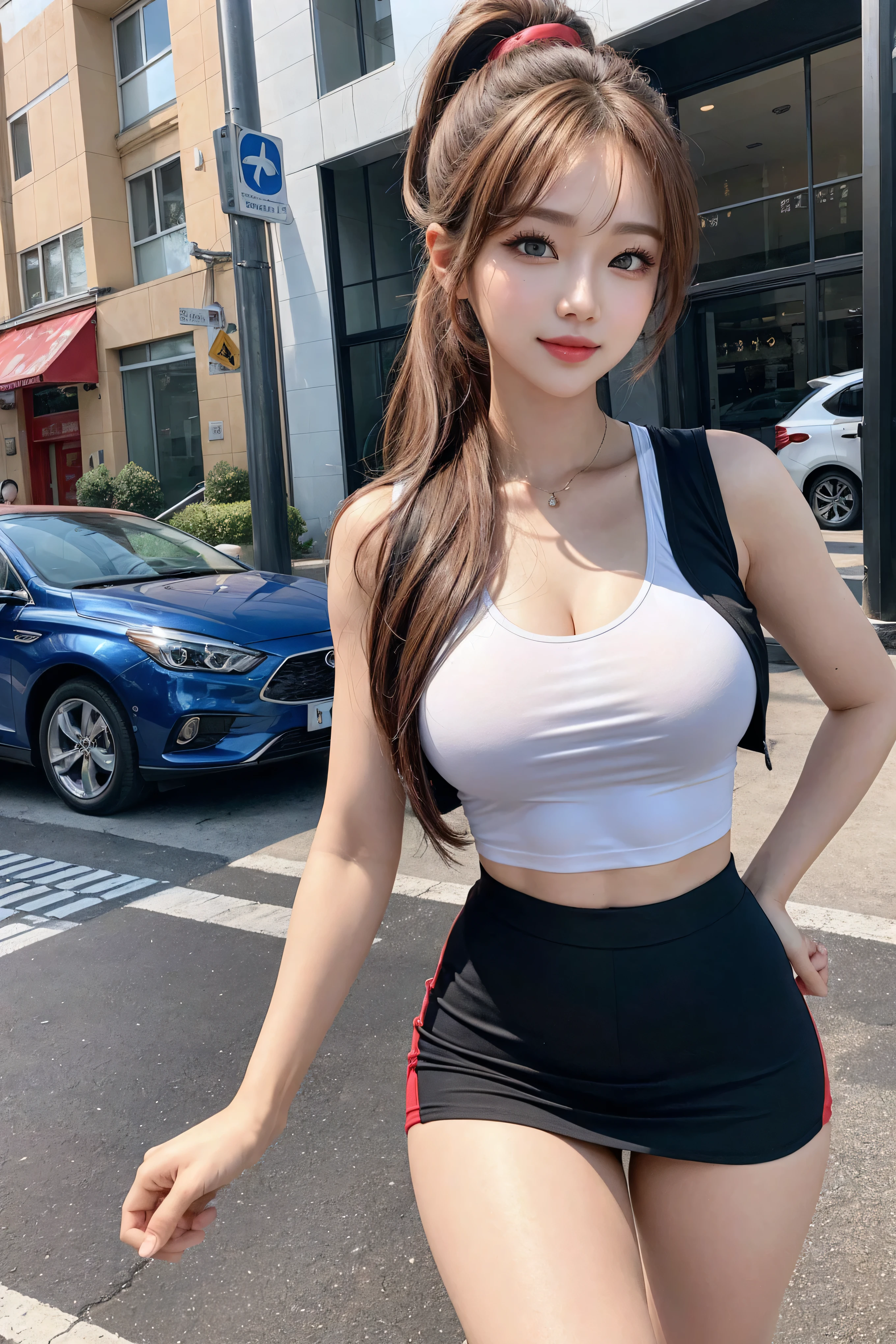 (quality),8k,(masterpiece:1.3),(1 girl:1.3),(In the name of Mina),Beautiful of Korean girl, Korean pop idol,Beauty of woman与完美of身材:1.4,(Vest line,Muscular hands:1.2),((Layered Hairstyle, Medium breasts:1.2)), ((View Viewer)),(A brilliant smile:1.3),(BIG ASS),Actual,high resolution,Highly detailed face and skin textures,Reality of face,RAW photos,((Pretty face:1.5)),(Beauty of woman:1.4),Perfect body example,,((Very rich facial details)),Attention to detail,Double eyelids,Eyeshadow Enhancement,Eye for detail,Professional lighting,Movie Light Optics,Sharp focus,((Sporty style)),((Optics, Vibrant colors、Fit of T-shirt,Sporty skirts),((Lively,Positive,Livelyof thighs)),(of:1.3),Ultra-thin sports bar,Sports hip skirt,On the street, there are,