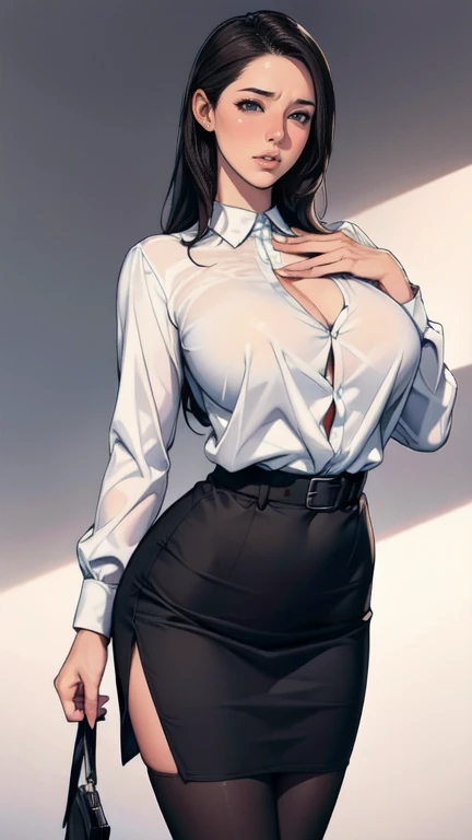 a gorgeous woman wearing a white silk shirt with a deep v neck, short miniskirt, and a belt, cinched waist, dramatic lighting, photorealistic, high fashion editorial, Lucy Liu
