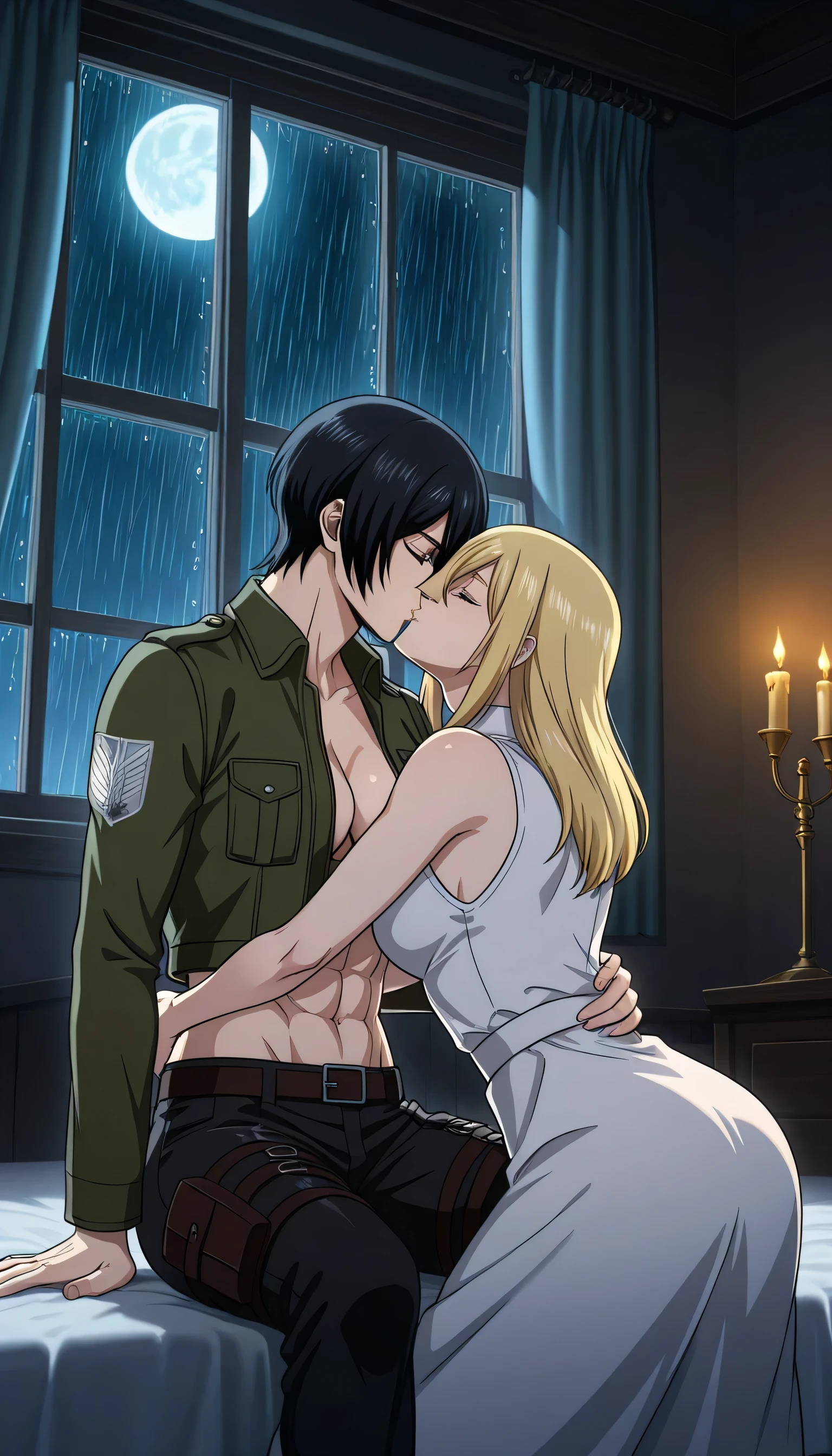 score_9, score_8_up, score_7_up, BREAK source_anime, historia reiss, blue eyes, blonde hair, long hair, medium breasts, long white dress sleeveless,female black hair soldier hugs historia,Mikasa with historia hugs,mikasa wreanig open green jacket and black combat pants,Mikasa female with short hair,mikasa female medium breasts,eyes closed,in night,moon in sky,mikasa final season,mikasa,Mikasa hugs historia،mikasa femboy,mikasa final season,historia blonde hair,hugs and kissing,mikasa carrying historia and kissing her,Mikasa lifts Historia up and kisses her.in middle night,raining outside,mikasa final season,girls kissing,girl×girl,lesbians,yuri,romantic wallpapers,historia sitting on mikasa and kissing her,Mikasa in both hands touch historia ass, raining outside the room,mikasa final season design,character's from season 4,historia enjoyed while kissing mikasa, both,one of Historia hands touch mikasa abs,romantic kissing,mikasa pixie cut hairstyle,Serious love,inside room,dark room,candle light in room,HD WALLPAPER,perfect colors,Shining on character's hair,Shining body's