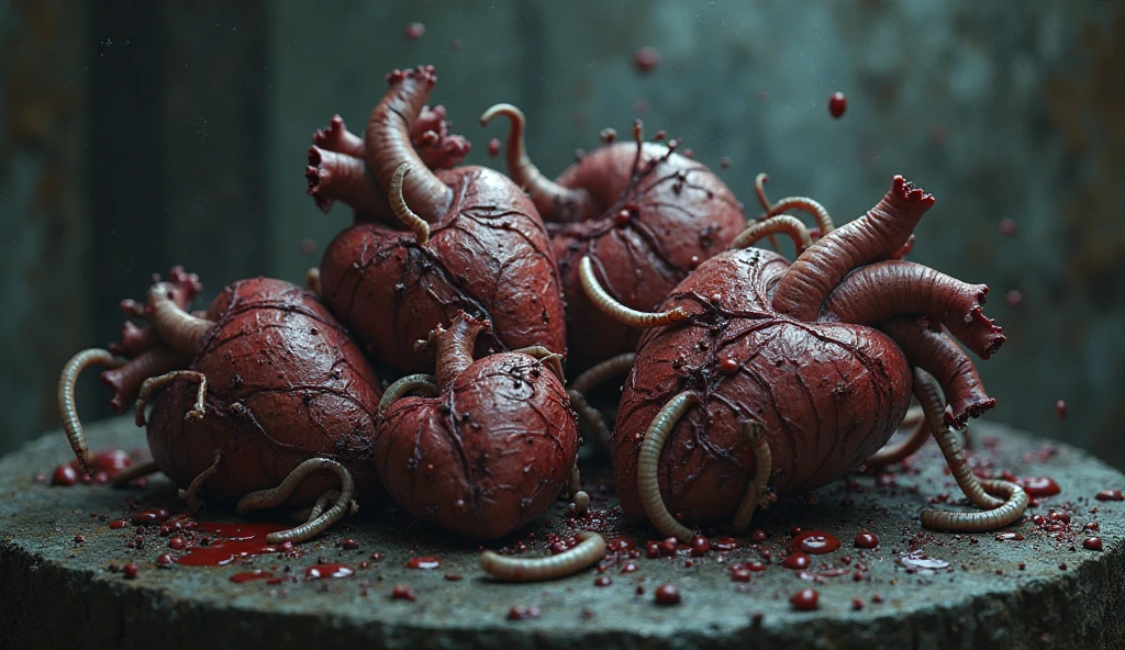 wooden barrels filled with human intestines, intestines, blood, gore, horror,