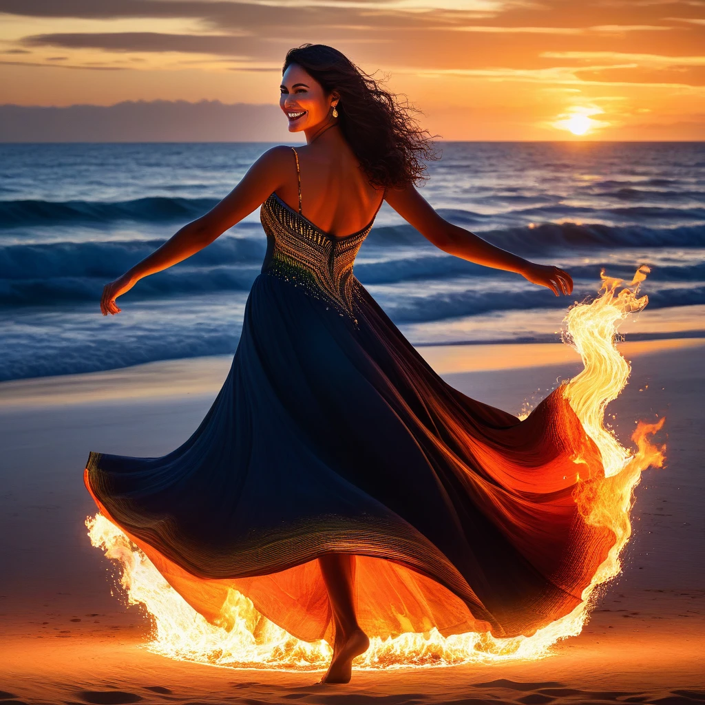 gypsy photography dancing under the starry sky, bonfire, beach and sea