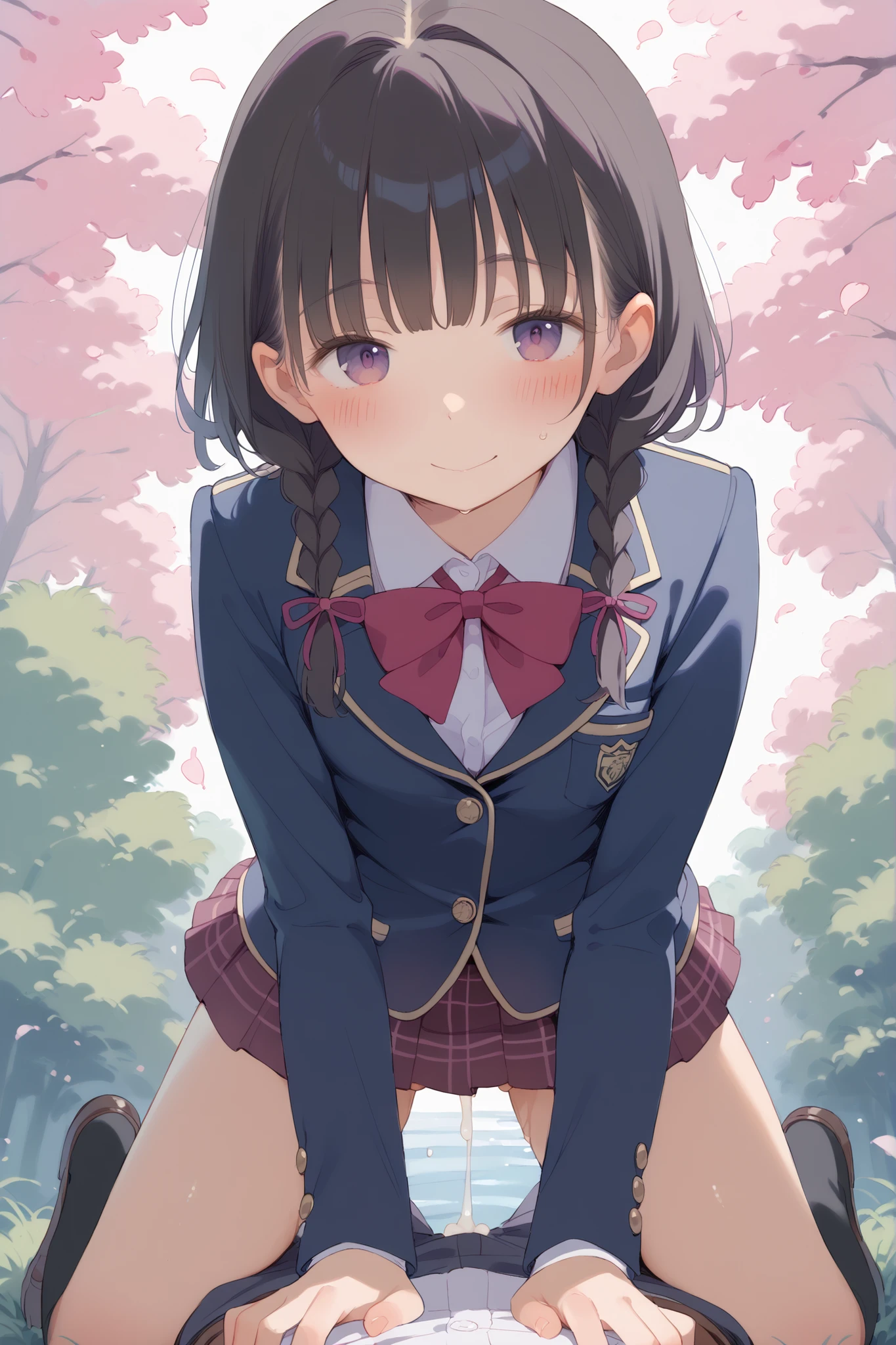 cherry blossoms are blooming、one girl、high school student、black hair、braids、uniform、blazer、plaid skirt、I'm putting my panties down、I can see her pussy、shy、Smile、 troubled face、on all fours、doggy style from mi、sex、I'm putting my dick in my pussy、Vaginal Cum Shot、breeding