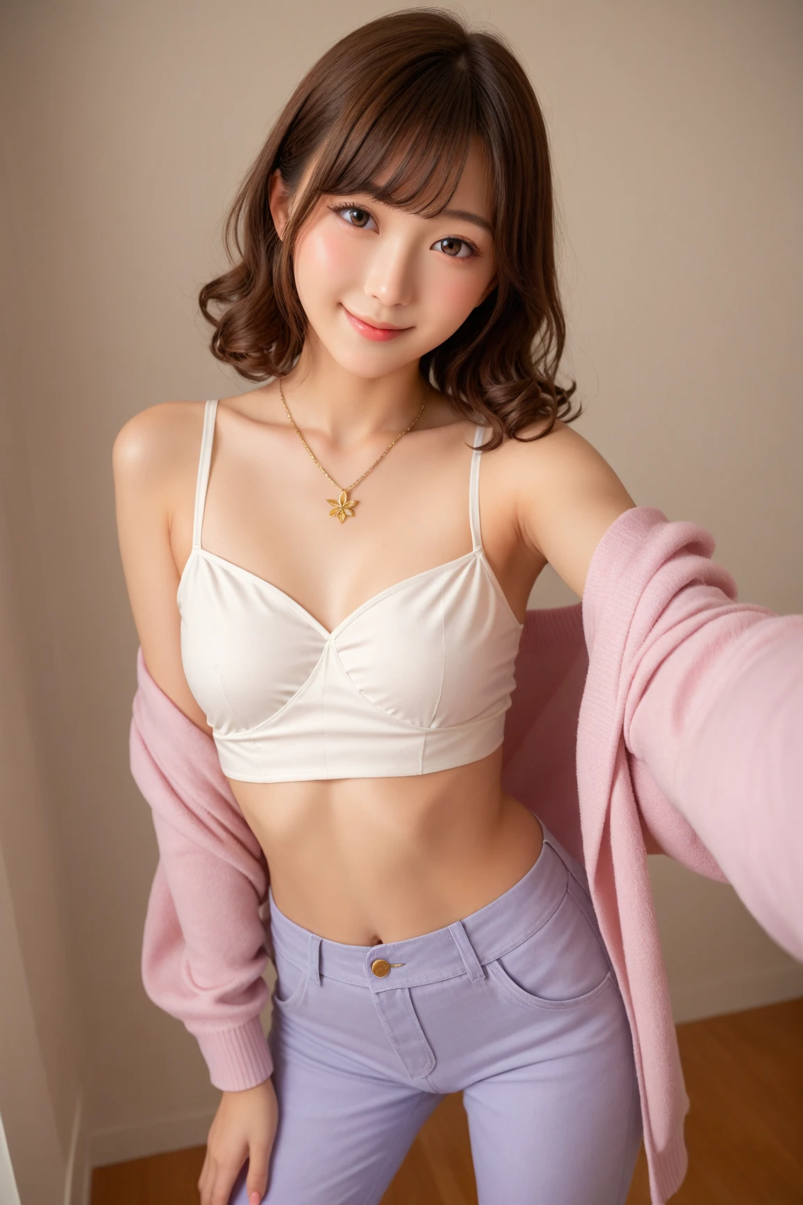 masutepiece, Best Quality, Illustration, Ultra-detailed, finely detail, hight resolution, 8K Wallpaper, Perfect dynamic composition, Beautiful detailed eyes, Trendy Women's Fashion Winter Clothes,Bun hair,Small breasts natural color lip, sexypose,Smile,Harajuku、20 years girl、Cute、is looking at the camera
