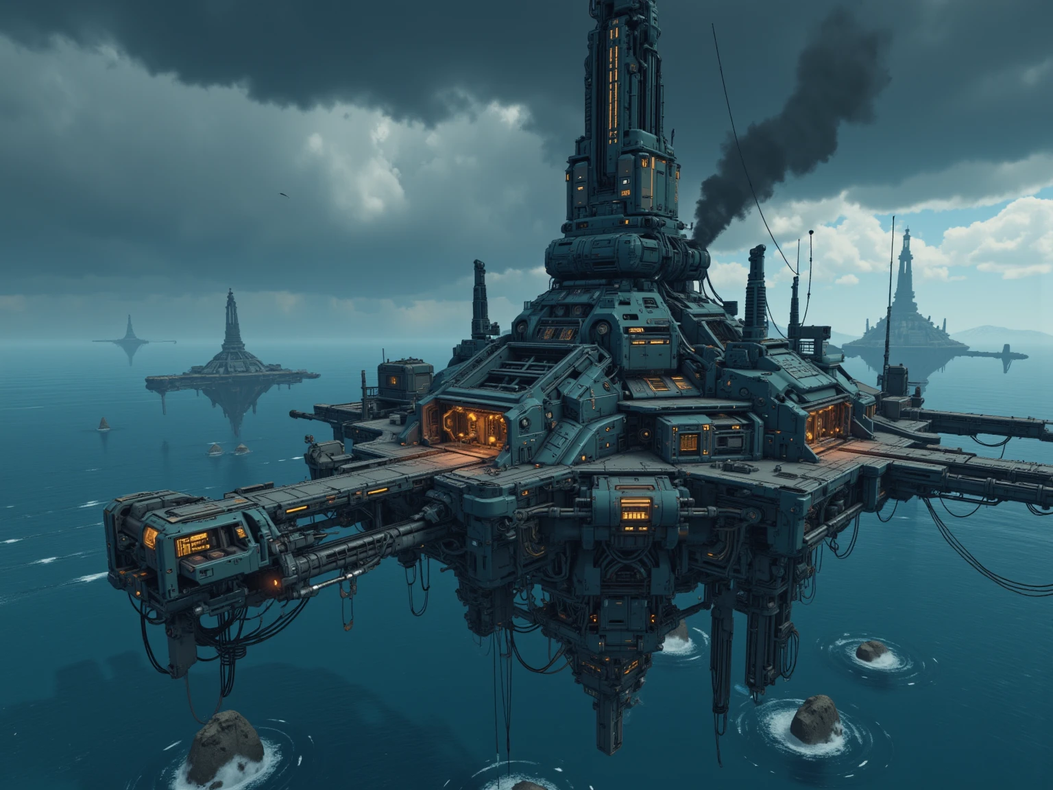  improved masterpiece :1.5)0.9], realista 8K:1.2 A huge base built on an artificial island floating above the sea with a huge tower in the center、A huge tower is in the center、A storm has occurred in the surrounding area and the ocean is rough