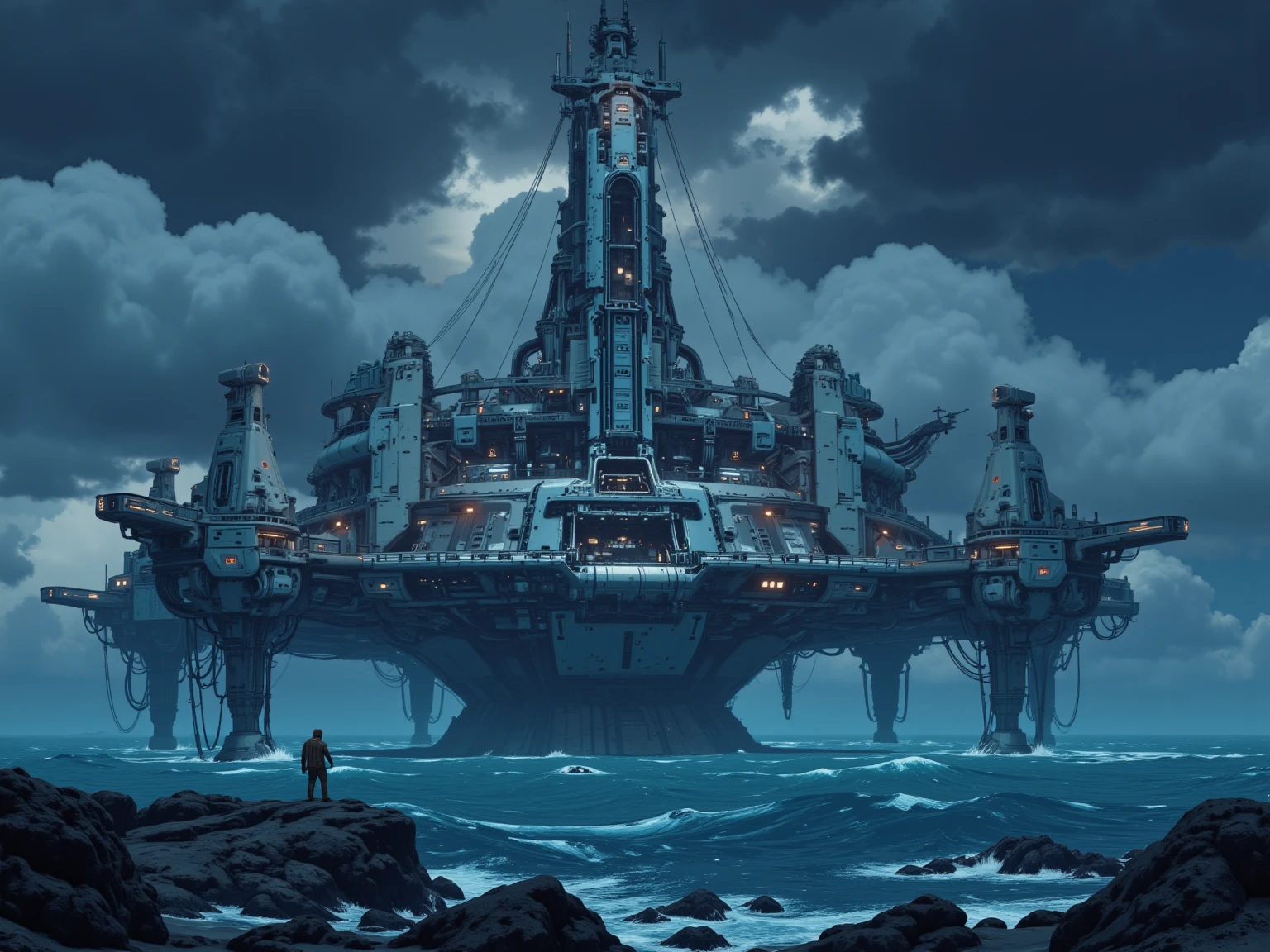  improved masterpiece :1.5)0.9], realista 8K:1.2 A huge base built on an artificial island floating above the sea with a huge tower in the center、A huge tower is in the center、A storm has occurred in the surrounding area and the ocean is rough