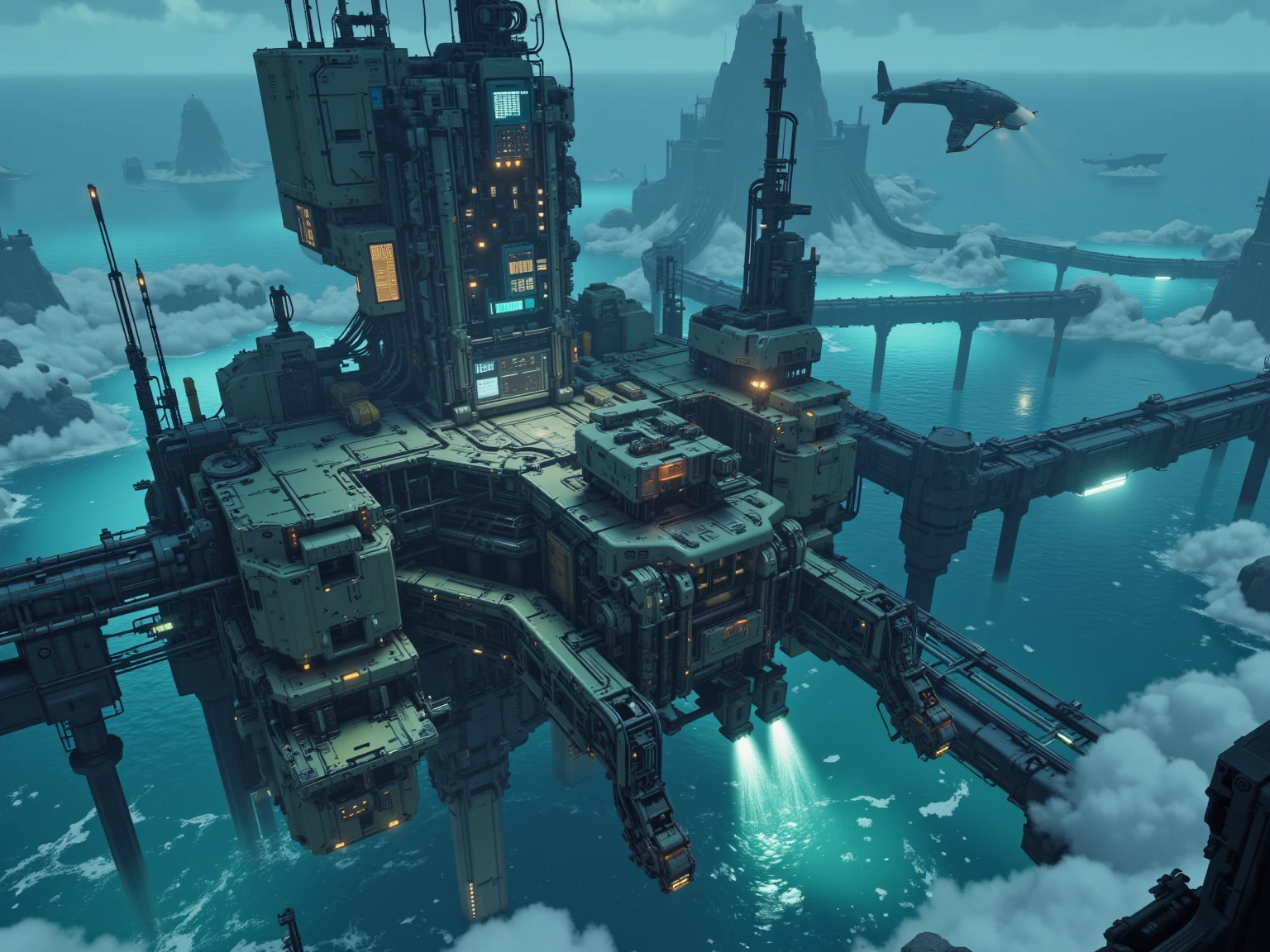  improved masterpiece :1.5)0.9], realista 8K:1.2 A huge base built on an artificial island floating above the sea with a huge tower in the center、A huge tower is in the center、A storm has occurred in the surrounding area and the ocean is rough