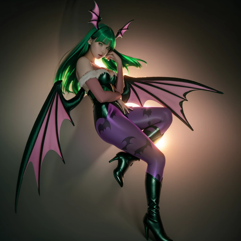 Morrigan Aensland, green hair, beautiful, sexy, big breasts, bursting breasts, kojima ayami style, Ayami Kojima art style, Vain, Confident, Conceited, Playful, Beautiful, Sexy, Friendly, and Approachable, She appears as a beautiful woman with straight long hair, varying from lighter or darker shades of green, and bat-like wings on her back and the sides of her head. Her hair is a hime cut, The outside of her wings are black and the inside of her wings are either purple or hot pink mixed with purple. For her outfit, it consists of a black leotard with feathers that mostly reveals her cleavage, purple or magenta/hot pink bat-patterned tights, rose colored fingerless gloves and black heeled boots, Beautiful, sexy, confident, conceited, and playful, Morrigan may be called many things given that she is a succubus,