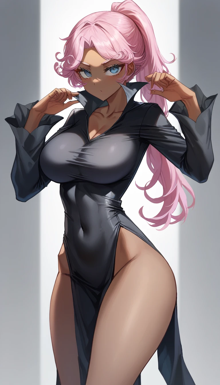(masterpiece, highres, best quality:1.3), 8K, highly detailed, intricate, colorful, vibrant image, sharp focus, digital blending, 4K, trending on pixiv Ingrid, ((helloutfit)), solo, mature female, 30yo, milf, curvy, (dark skinned female:1.15), dark skin, posing, classroom, (caring look:1.2), looking at viewer, ((closeup shot, closeup face)), pink hair, very long hair, forehead, hair intakes, purple lipstick, makeup, mole under mouth, yellow eyes, perfect eyes, perfect face, ultra detailed hair, ultra detailed face, earrings, ultra detailed lips, ultra detailed lipstick,