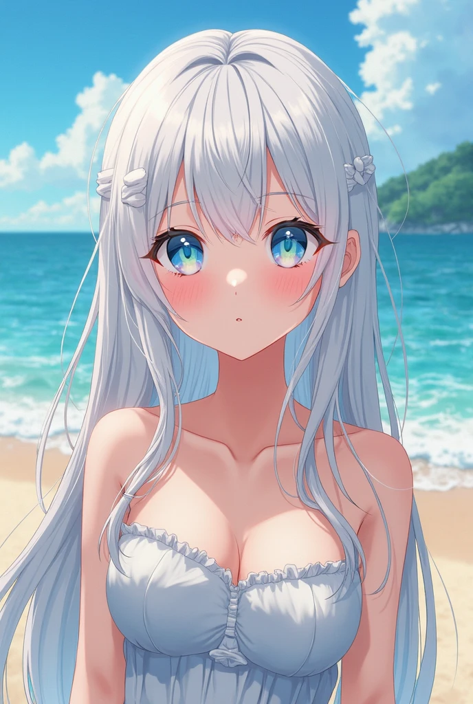 ((girl kawaii)), (a extremely delicate and beautiful girl), beautifully painted, cute, ((sense of digital)), (best detailed girl), lying on the lake, wet, girl, young, long hair blown up, Hair with flower, (grey hair), cute face, embarrassed, complex details beautiful and delicate eyes, closed mouth, (large breasts), thighs, pale blue eyes, white skin, Frill, hairband, cross necklace, Bracelet, (white bikini), cardigan, white Clothes, (beach), (dusk sky), back lighting, (((wallpaper 8k CG))), ((absurdres)), masterpiece,