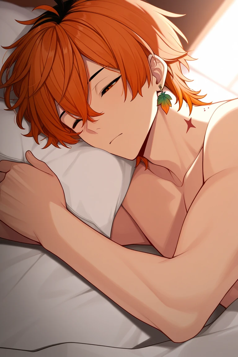 (masterpiece, Highest quality:1.2)、Overhead Shot、True Face、nsfw、Beauty、boyish、Red hair、Embarrassed、Completely naked、Pixie Cut、On the bed、Sex、Upper Body、Male hand、sleep、Love Hotel、