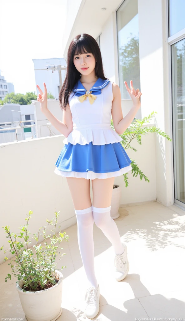 fantasy water user high school girl、full body Esbian、、fluorescent blue uniform、、、、Idol face、Make water float with magic、