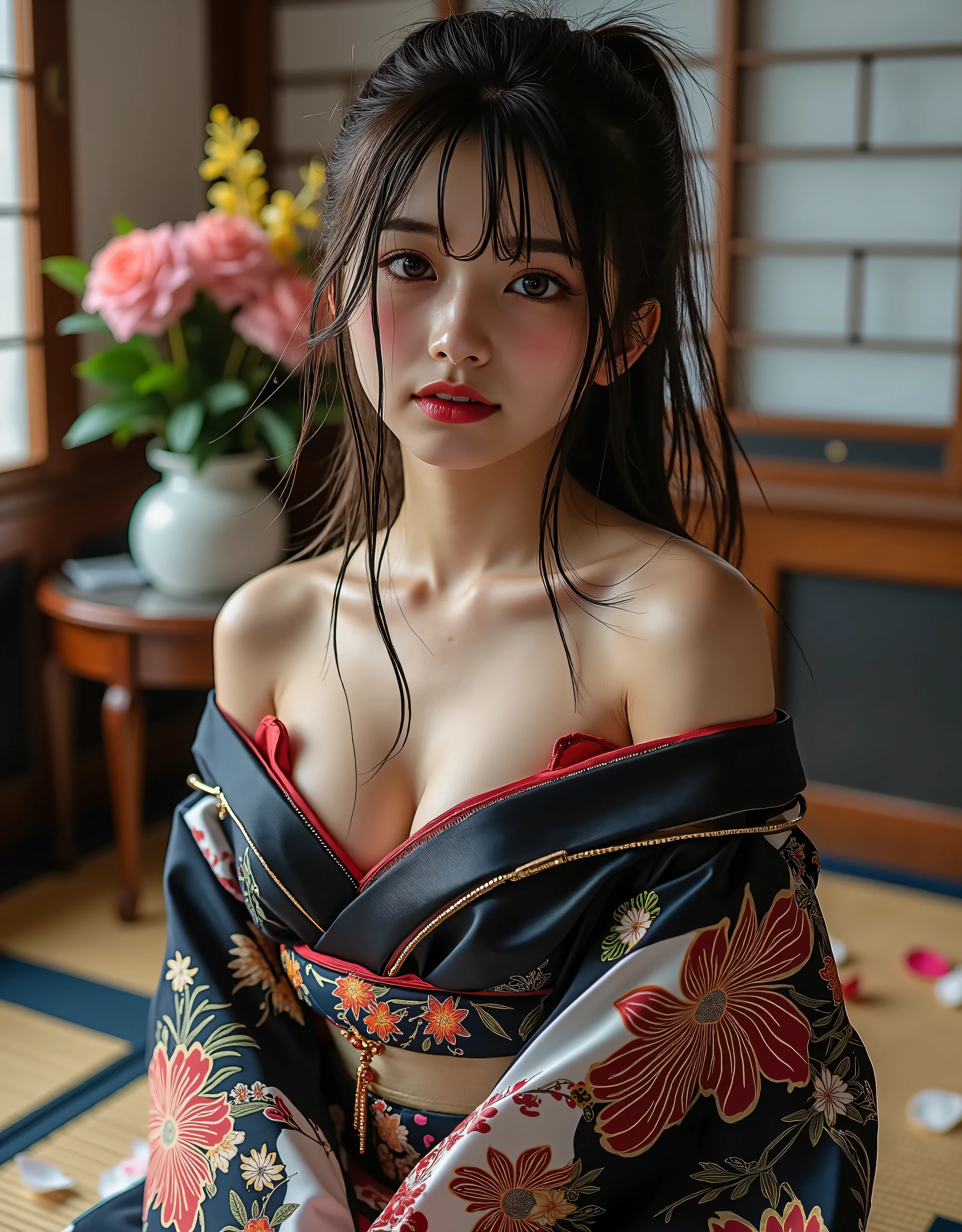 18 years old, (wearing kimono: 1.3), ((short underwear)), super disheveled, mouth open, high angle shot, best quality, ultra high resolution, 16k, masterpiece, sharp focus, clear gaze, (1 girl: 1.3),solo,Unity 16k wallpaper, chest is open kimono shifted and shoulders are visible, breasts are large, super detailed, beautiful and aesthetic, beautiful, masterpiece, top quality, kimono, silk robes, origami spells, elegance, disheveled, bust top, kimono up to the waist, violently disheveled, hair disheveled, oily skin, futon running over tatami room, hiding breasts with hands, historical mansion with dimly lit Japan, peony tatoo on the chest, ( Long hair hides the chest))), (((eyes closed))),((You can see your underwear))))