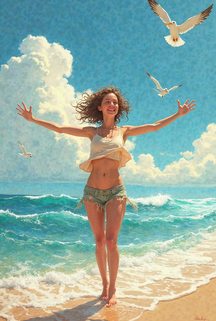 watercolor painting of ((high resolution)), nude, Athletic, ((pale skin)), 18 year old brunette girl, long curly hair, naked, playing soccer on a vibrant green field under a clear blue sky, with a bright sun shining, surrounded by colorful blooming flowers, capturing dynamic movement and energy, in the style of Norman Rockwell