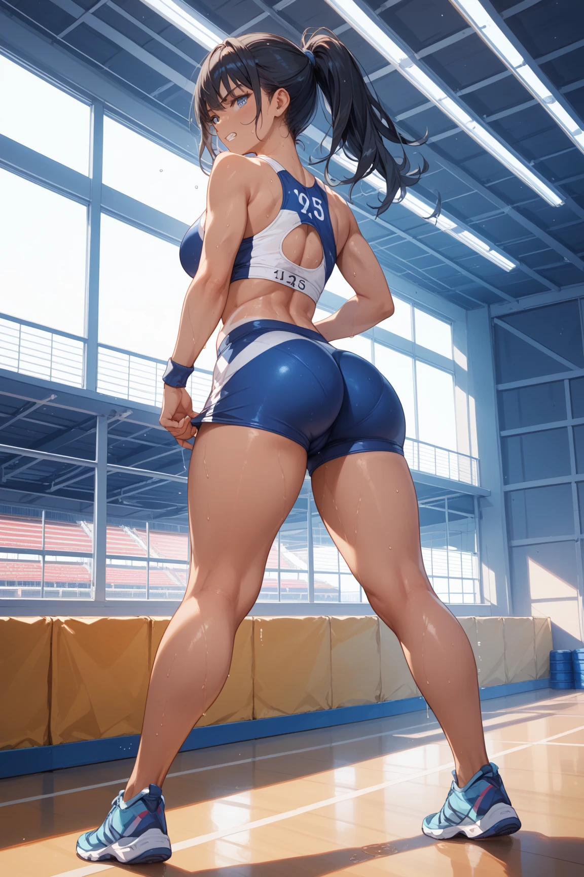 joven japonesa, , mejorar, alumno, sujetador deportivo blanco, minifalda azul,  Cuerpo, Delgado, pechos grandes, Piernas gruesas, Delgado waist, gimnasio de la escuela, sweaty Cuerpo, cinematic lighting, semi desnuda, Erotic poses, showing more, tiny thonge, side thong