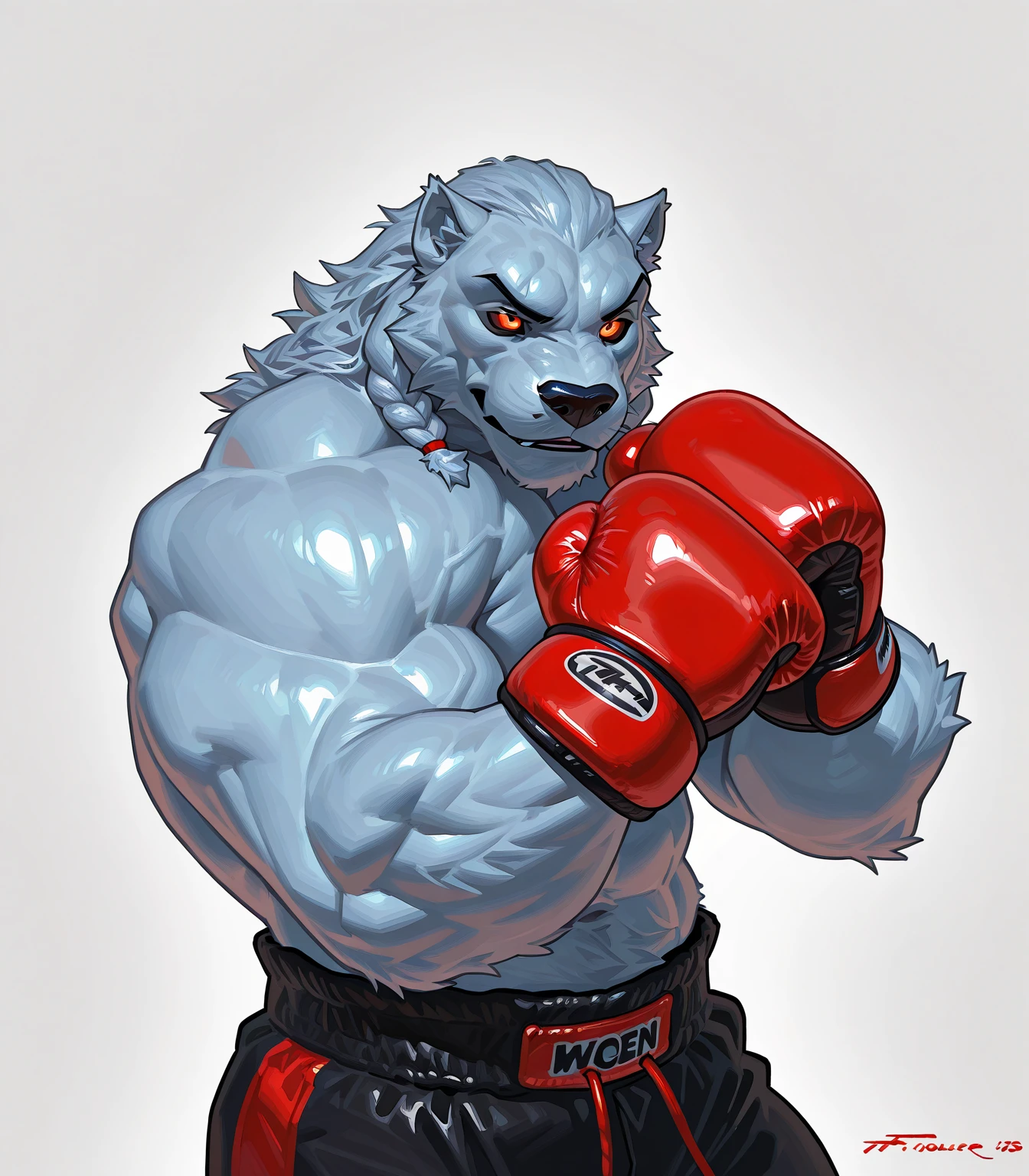 bolt the dog, adult, masculine, male, very muscular:1.5, muscles:1.5, strong chest, abs, sixpack, muscular shoulders, strong body, muscular neck, biceps, triceps, lats, muscular thighs, calves, vascular, veins, wide chest, taran fiddler style, virtyalfobo style, (no background, white background):1.3, detailed eyes, high quality, correct shadows, correct lighting, realistic lighting, detailed fur, realistic fur, high resolution, detailed, collar, full body, muscular forelegs, muscular hindlegs, white fur, standing on back legs:1.1, legs spread, red boxing gloves:1.1, wearing boxing gloves:1.1, detailed boxing gloves