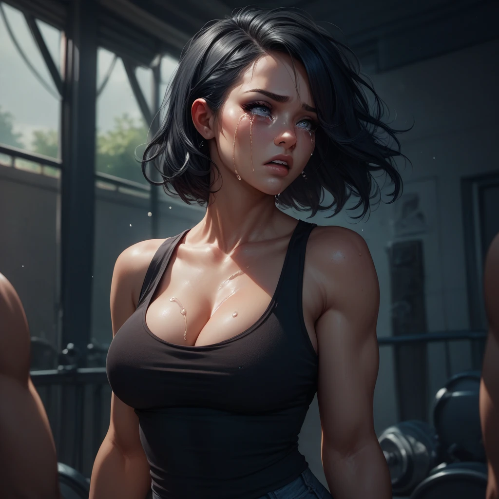 fille cheveux noires, cheveux noires, magnifique, ombres parfaites, visage parfait, detailed face, realistic, working out in the gym, thicc