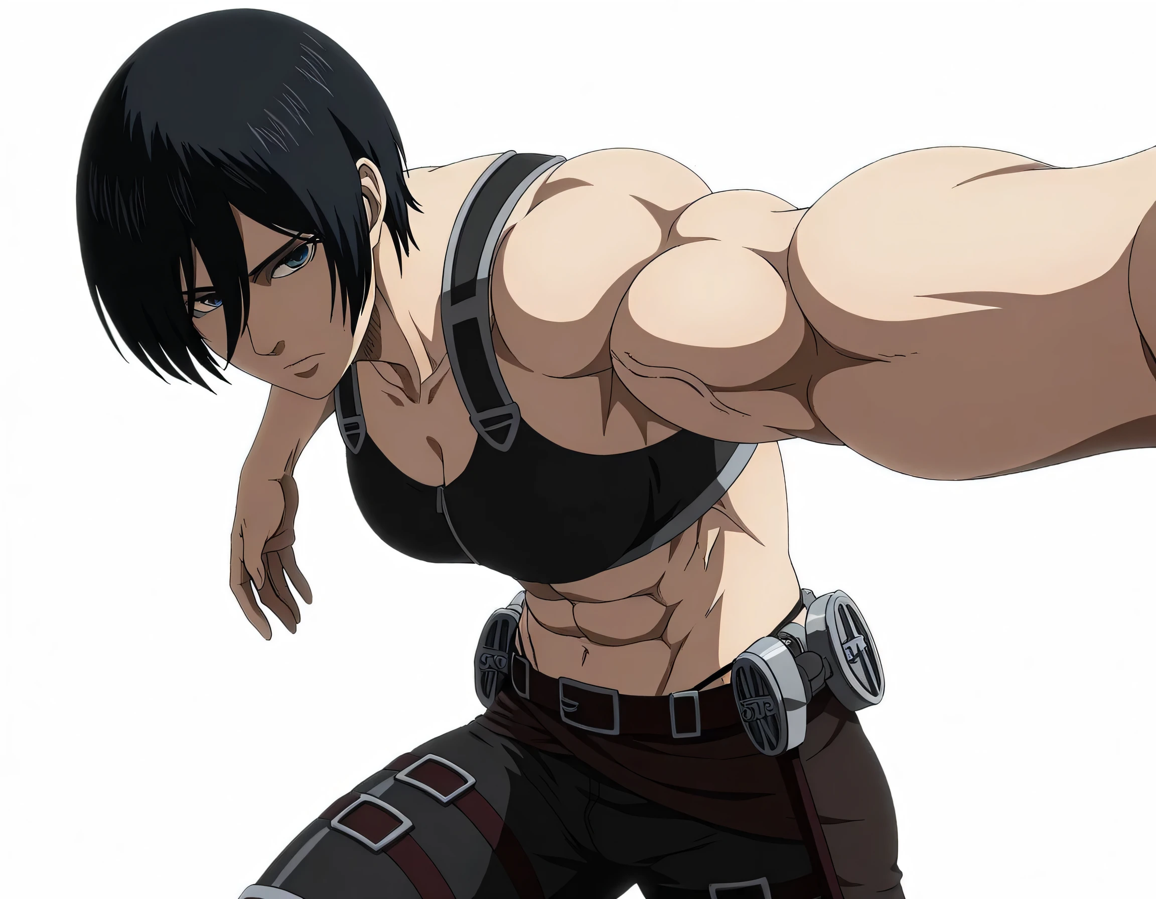 anime coloring, anime screencap, mikasa ackerman, 1girl, solo, short hair, black hair, towards viewer, badass, closed mouth, black sport bra, , belt, black pants, standing, cowboy shot, reaching towards viewer,, white background, simple background, masterpiece, best quality, highres, very aesthetic, very awa, newest, amazing details, intricate details, ultra detailed,six-pack,bluge between mikasa legs indicates that she have non erect penis,tone six-pack,lean,Matching design own anime,metal muscles designed,sexual pelvis muscles,mikasa handsome face,mikasa princes face,serratus anterior muscles,moderate body size,without ODM gear