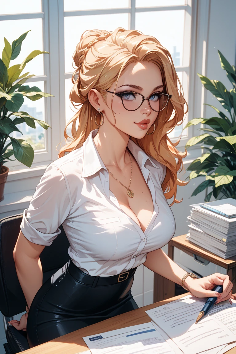 (​masterpiece), (top-quality), sunset, natural lights, ,(realistic:1.5), 1girl, long hair, slim, eye contact, detailed eyes, earrings, necklace, , detailed modern day office in background, tight pencil skirt and glasses,naughty secretary,  and playful office fantasy, unbuttoned silk_shirt, bra, fitted jacket, cleavage, , upper body, mid shot, masterpiece, detailed, mature, bright colors, high saturation, stunningly beautiful girl, blue eyes, blonde hair, wavy hair, precise hands, confident look、determined expression,, Clear eyes, Shining eyes,, ultra-definition, Top resolution,  soft lightning