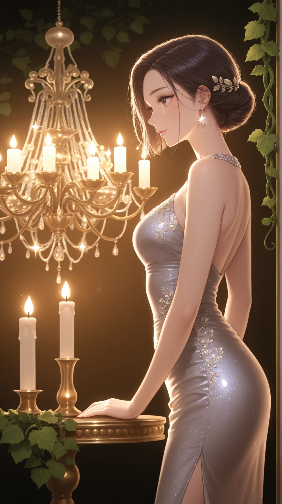 Lady, leaf, Vine, embroidery, details of a woman's eye, Satin dress woven with starry sparkles,     luxury candle chandelier,  Large ball venue