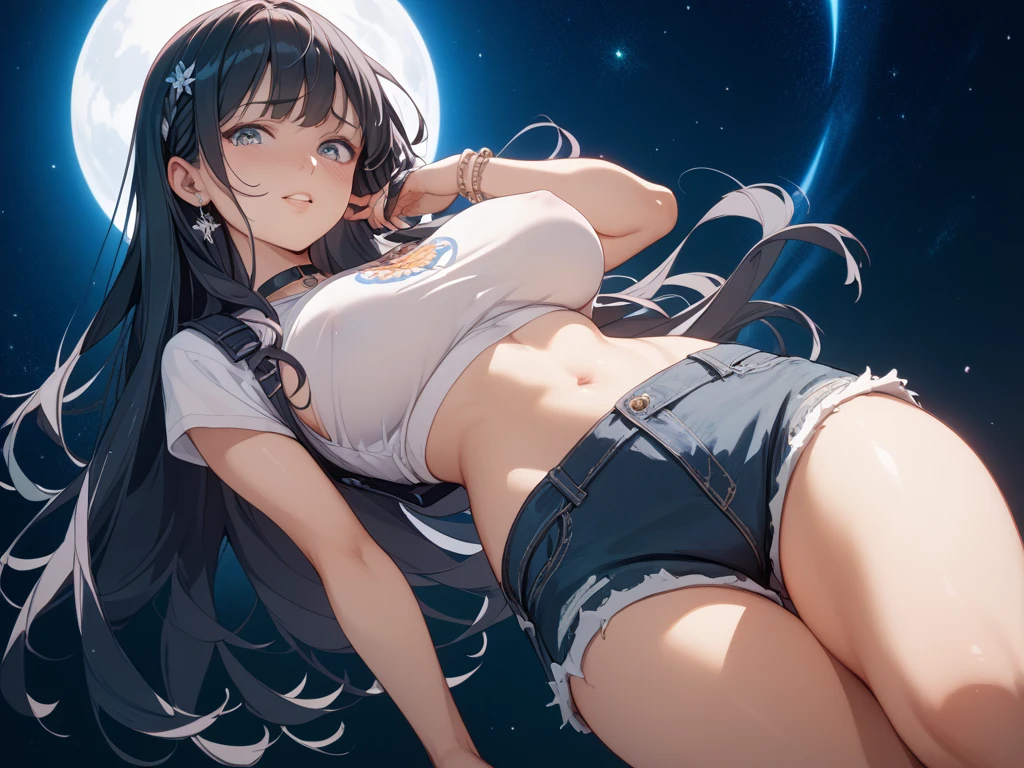 very sexy girl, long black hair, glasses, panties and transparent white tank top, lifts her shirt, shows her breasts, small breasts, lascivious look, beer, large window with views of the night, stars, moon, ( art inspired by Bill Sienkiewicz). oil painting)