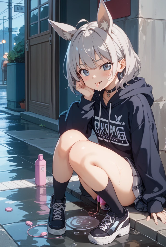((Masterpiece)), ((high quality)), 1girl, teenager, slim, white curly ponytail hair, sparkling blue eyes, tear in eyes, baggy black sweater, shorts, no socks, bare feet, depressed, sitting in the sidewalk, legs pulled close, hand in sleeves, covering face, face down, sitting in the side walk, homeless, dirty clothes, cardboard sign, cardboard mat, purple city skyline background, night time, purple atmosphere, smooth lighting, covering mouth with hands inside sleeves,