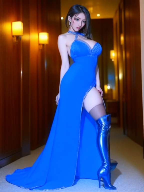 8k, masterpiece, RAW Photos, Highest quality, detailed:1.2),Realistic, Extremely detaileded CG unifies 8k, 8k, diamond, wallpaper, Written boundary depth, (Bright bedroom:1.2), Ray Tracing, (Very beautiful face, Beautiful Lips, Beautiful Eyes), intricate detailed face, ((ultra detaileded skin)) One Girl, Cute Korean Girl, K-POPアイドル,(Slim figure), ((Viewer Display)), (Body Conscious),(光沢のあるSilk long dress:1.5),(Tight fit:1.2),(High neck),(Injection Sleeve:1.1),(Silk long dress:1.5) ,(Opera Gloves:1.5),(Knee-high boots:1.5),Cute Korean Girl,Clear Eyes, walking , (Pale skin), (Big eyes), ((Full Body Shot:1.5)), Bodycon mini dress, Tight mini dress , Navy blue mini dress, Plain Dress, Turn back, Side Shot, Slim figure, Healthy Thighs, Thigh Gap、(Place your arms behind your head:1.3)