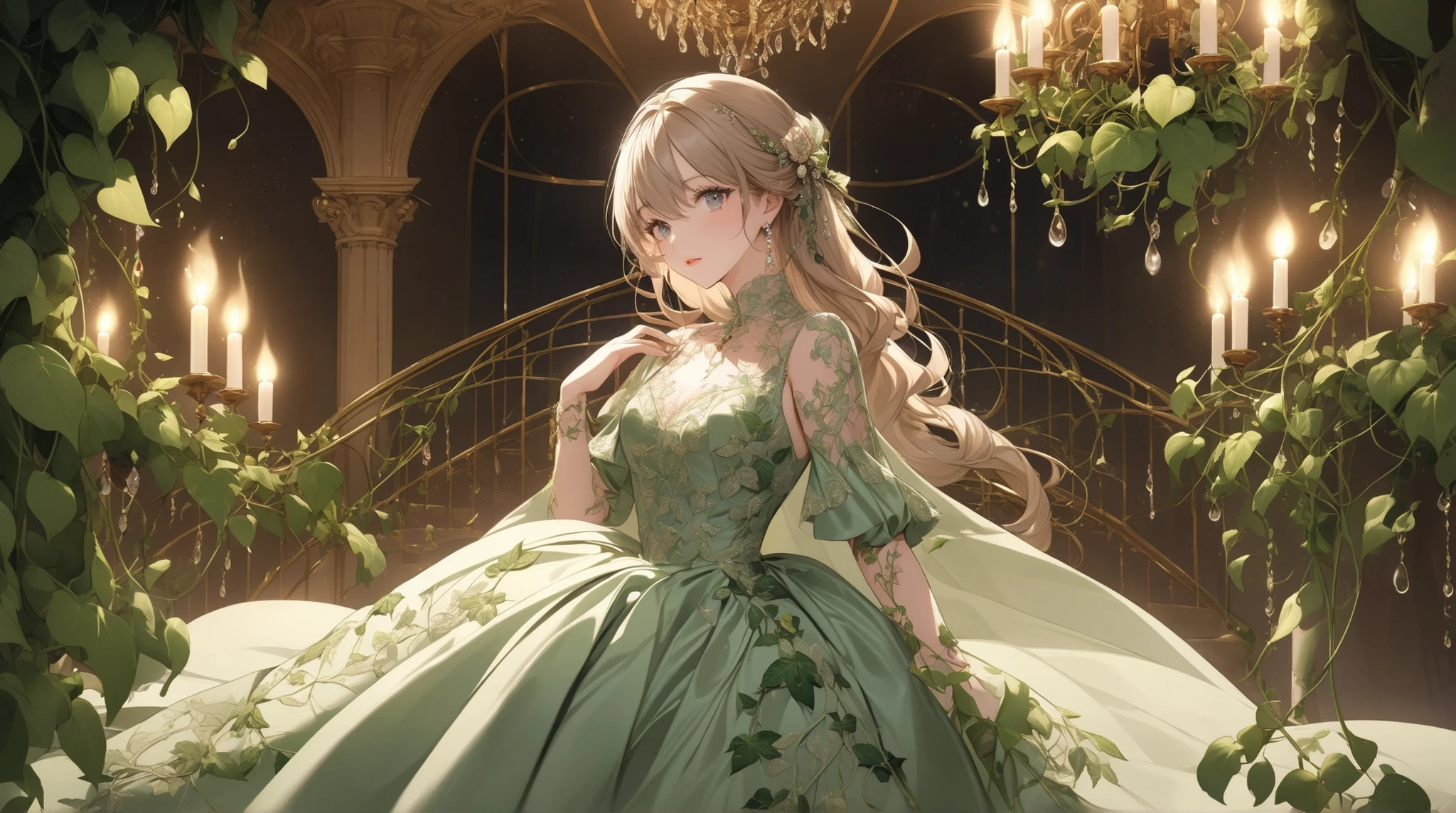 (emerald eyes:1.5), ddlcmonika, marriage, white dress, emerald ring, brown hair
