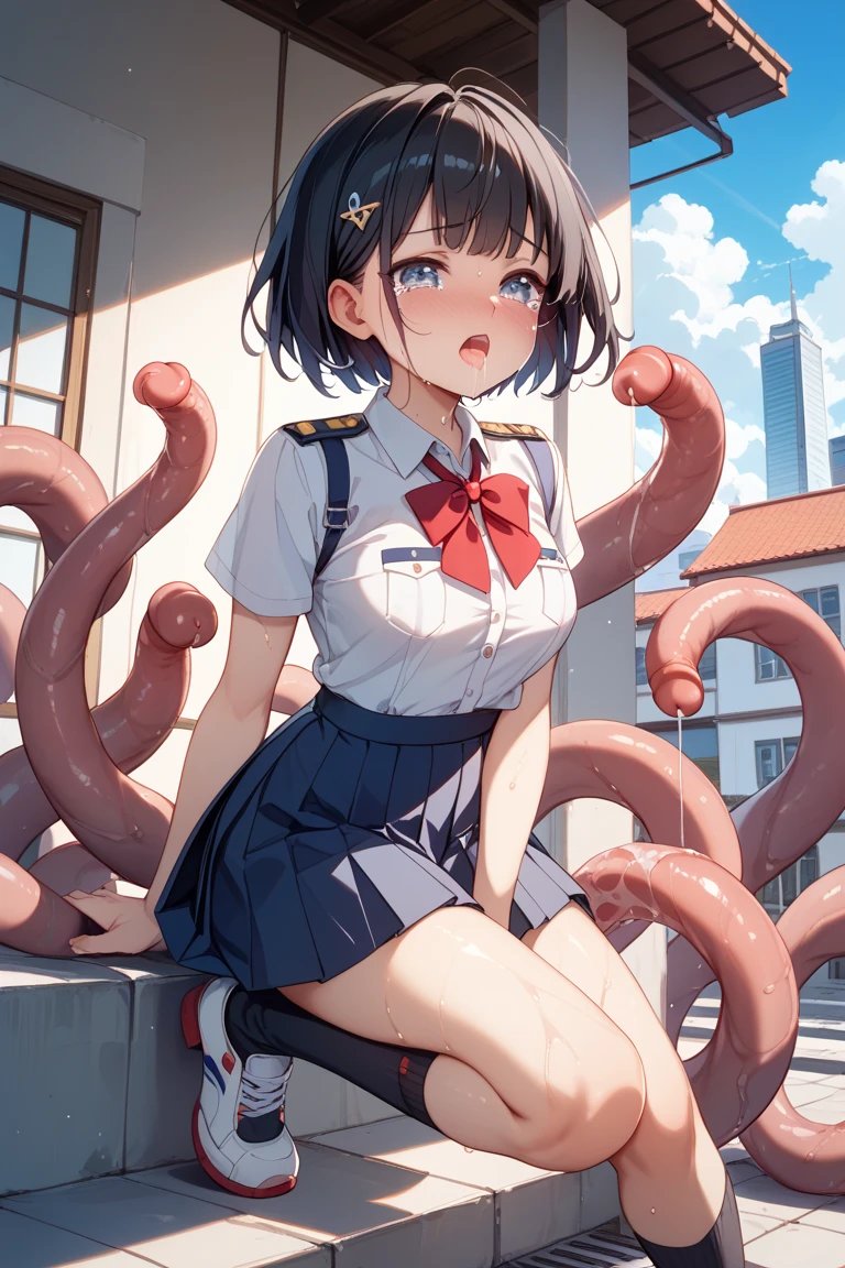 G Art、Beautiful anime , Beautiful anime girl, (12year-old beautiful girl:1.4), Detailed skin, (gleaming skin:1.9)、(short-hair:1.3), Beautiful black hair, brown Eye, (many streaming sweat:1.2), (flat chest:1.4), (Muscular thighs:1.0), (gaunt:1.3), (student clothes:1.9), (a sailor suit:1.9), (Dark blue pleated skirt:1.7), (full body:1.4), solo, (one girl:1.4), standing, from front , (from below:1.3), Inside the classroom, (blush:1.5), (spread legs:1.5), (Female genitalia wide open:1.5), (short sleeve:1.2), (White socks and brown loafers:1.2), (Lots of clear drool overflows from her mouth and drips from her chin.:1.5), (many Tentacles clinging to her:1.4), (Sweat pouring from her pubic bone:1.2), (looking away:1.3), (anguish:1.4), (crying:1.4), (half closed eyes:0.8), (open mouth:1.4)