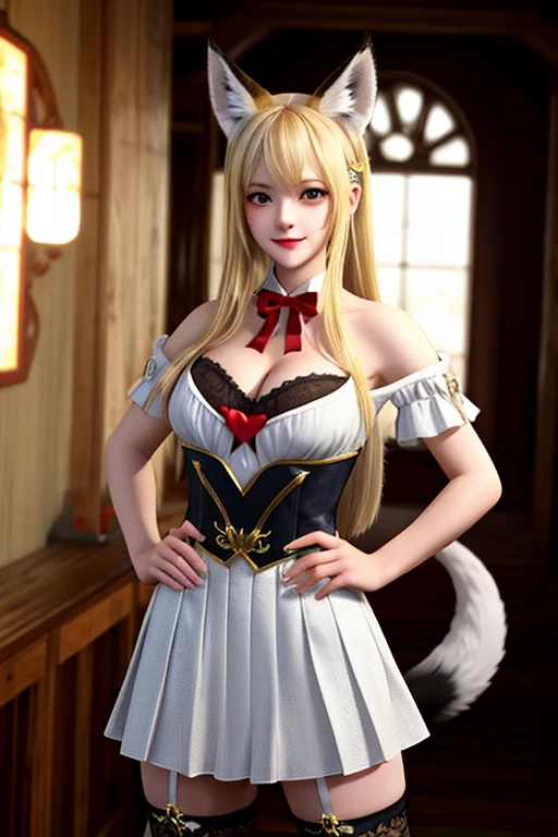 best quality, masterpiece, high resolution, CG, 1 Girl, Animal ears, Tail, Fox ears, Solitary, fox Tail, breast, High Leg Raise, Blonde hair, multiple Tails, large breast, Heart, Long hair, Hands on Hips, cleveage, black High Leg Raise, Looking at the audience, Bare shoulders, Facial Tagging, skirt, Beard Marking, nail, underwear, Alternative clothing, Fox Girl, light, frank, photo, high resolution, 4K, 8K, Bokeh, Upper Body